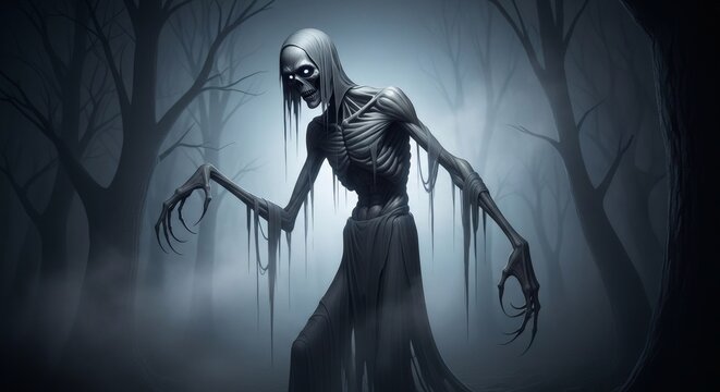 An unsettling, gaunt figure, cloaked in ragged garments, glides silently through a desolate and shadowy forest, a harbinger of fear and the unknown