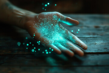 Fototapeta premium A high-resolution photograph focusing on a human hand, with translucent skin that reveals internal glowing blue and green fiber optic