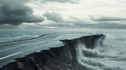 Naklejka premium A coastal road succumbs to rising sea levels and intense erosion, showcasing critical infrastructure damage and environmental threat.