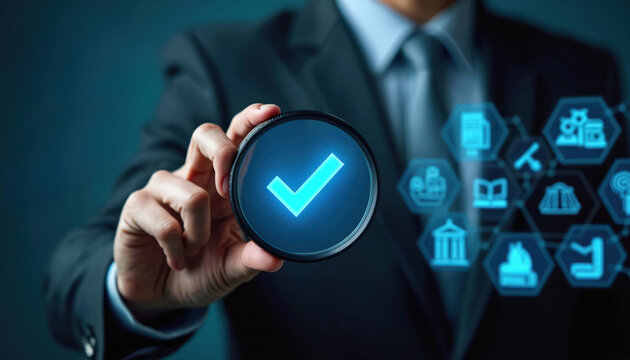 Man in suit holds magnifying glass with glowing check mark on digital screen. Icons represent legal compliance and quality assurance. Business agreement verification and approval process.