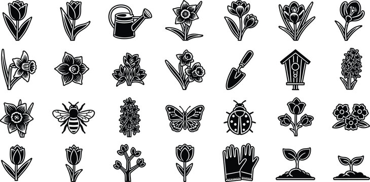 Black and white garden including flowers insects tools and birdhouse garden flowers