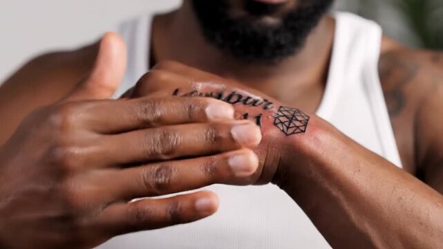 Person applying ointment to a tattooed hand with numbers and geometric shapes