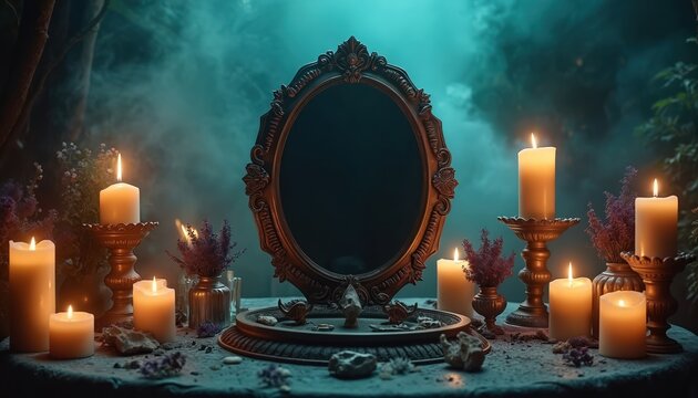 Mystical altar with burning candles near ornate black scrying mirror. Smoky dark background with plants creates eerie atmosphere. Fortune telling ritual setup. Magic practice.