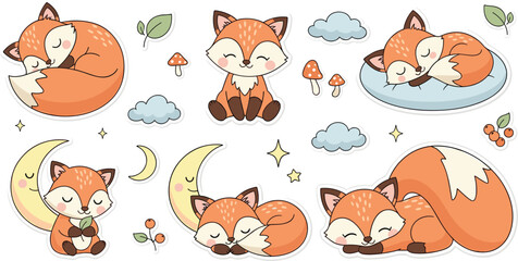 Fototapeta premium Cute Baby Fox Nursery Sticker Set with Sleeping Sitting Moon Stars Clouds Cartoon Animal Vector Illustratio ns