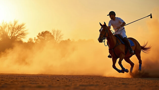 Man on horseback plays polo sport. Equestrian player hits ball with mallet, kicking up dust. Horse gallops fast during game match with intense action.