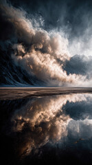 Fototapeta premium Storm clouds mirror over still water near rugged mountains