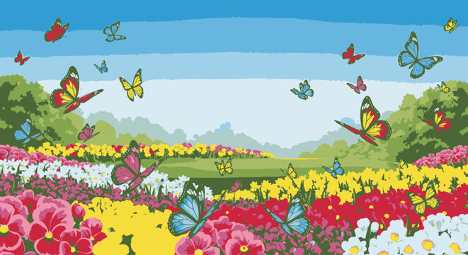 Colorful butterflies flying over a vibrant flower field with trees in the background under a blue sky.