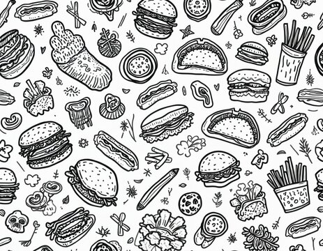 Hand drawn doodles of burgers tacos hot dogs fries and other fast food items create a fun pattern. Simple black and white sketchy food art perfect for menus or packaging.