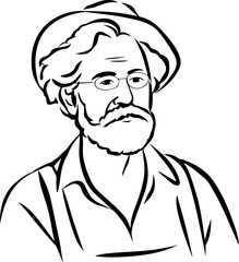 Obraz premium Hand Drawn Elderly Farmer Man Black and White Illustration in Minimal Solid Art Style Design