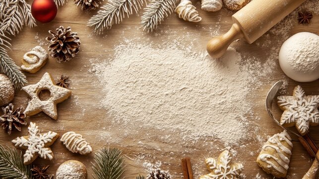 Christmas baking preparation with flour and rolling pin on a wooden table surrounded by festive decorations