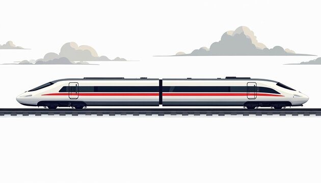 Modern high-speed train travels on rails. Sleek passenger express speeds across tracks. White locomotive with red stripe signifies fast transit system.
