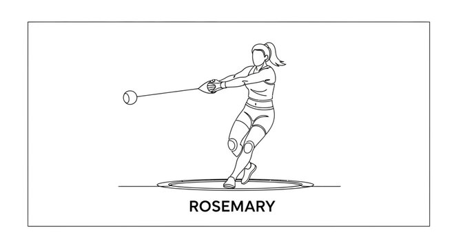 Woman athlete performing hammer throw in a stadium, line drawing.