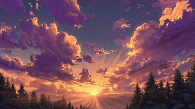 Sunset sky with radiant rays over pine forest and hills