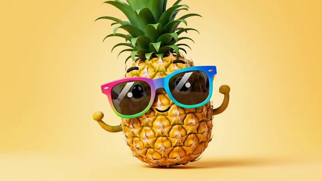 Pineapple cartoon mascot wearing sunglasses animation video cute tropical fruit character for kids fun summer vibe healthy lifestyle branding and marketing