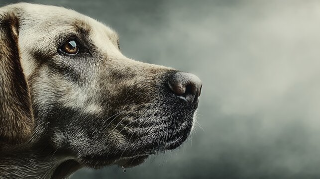 Close up portrait of a wet. light colored dog with thoughtful eyes against a moody. blurred backgr