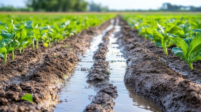 Close-up view of agricultural runoff flowing through muddy furrows in a sunlit crop field