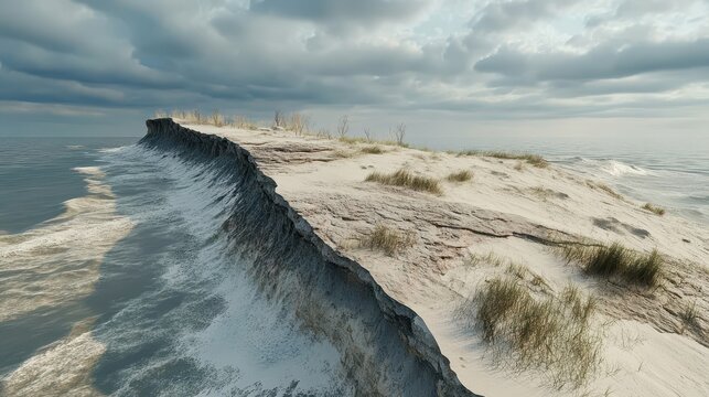 Coastal erosion showcases high tides actively eroding sandy beaches due to rising sea levels under an overcast sky.