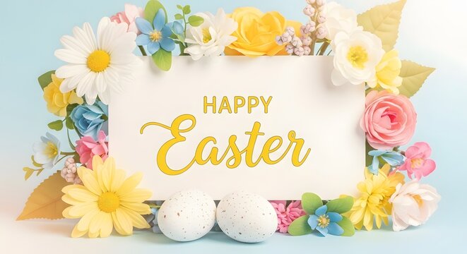Happy easter greeting card with floral border and eggs
