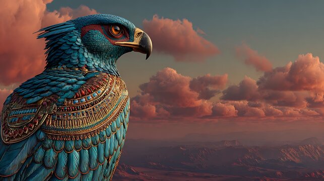Majestic ancient deity Horus eagle bird with golden armor and jewels. perched against a sunset des