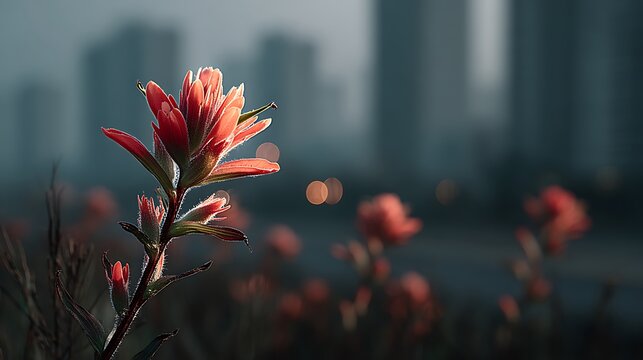 Close up of vibrant red Indian Paintbrush flowers with soft bokeh background and sunlight