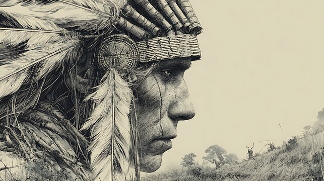 Profile portrait of a Native American man in traditional headdress with feathers and beadwork. det