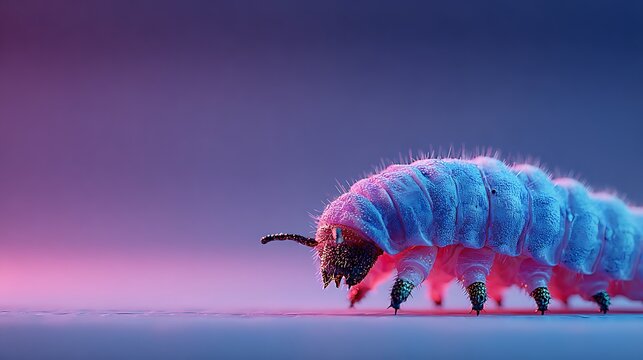 Close up 3D render of a fuzzy blue caterpillar with pink accents. walking on a textured surface wi