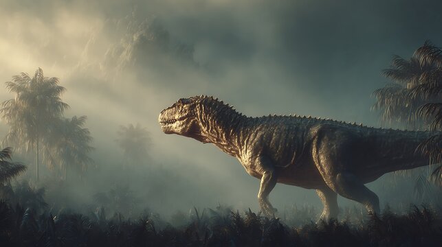 Majungasaurus dinosaur walking through a foggy prehistoric jungle with palm trees and sun rays