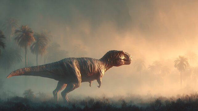 Majestic Tyrannosaurus Rex Roaming Through a Misty Jungle During Golden Hour Sunrise. 3D Render