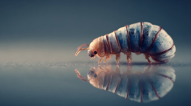 Close up macro photograph of a segmented woodlouse insect with blue and brown exoskeleton on a ref