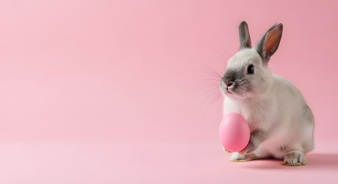 Adorable white rabbit with a pink easter candy