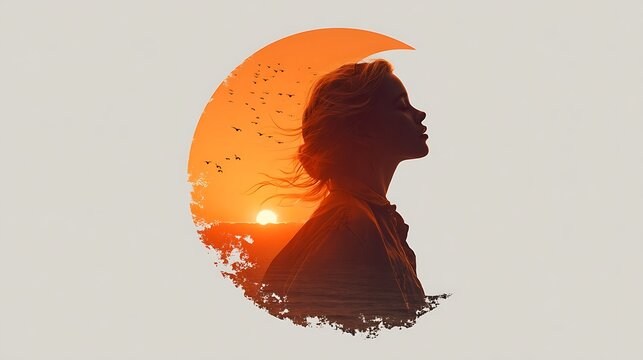 Double exposure silhouette profile of a woman merging with a sunset ocean scene and flock of birds