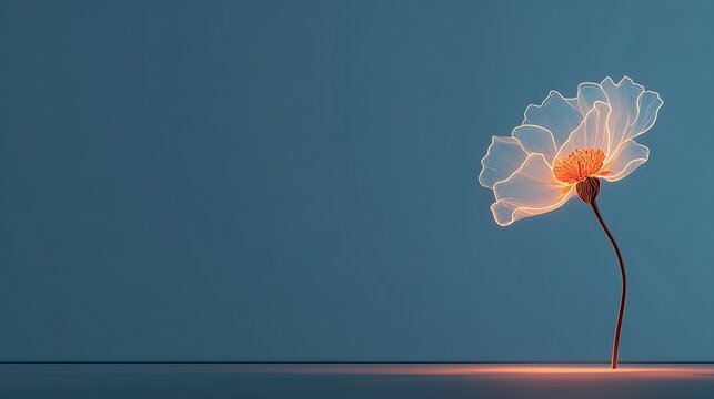 Glowing translucent flower silhouette with intricate lines on a soft blue background. 3D render