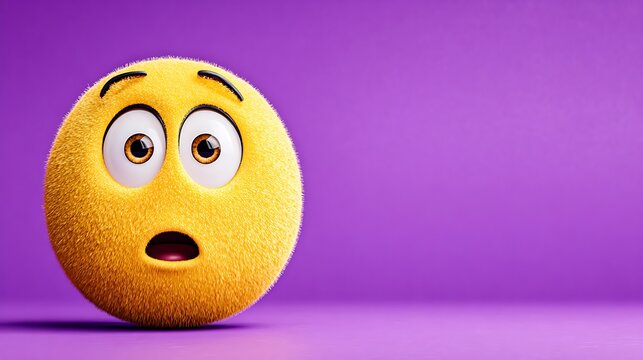 Fuzzy yellow emoji face with wide eyes and open mouth. surprised expression. 3D render on purple b