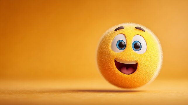 Fluffy yellow emoji character with blue eyes and wide smile against a soft orange background. 3D r