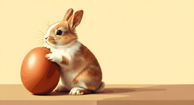 A rabbit sitting next to a large brown egg on a table