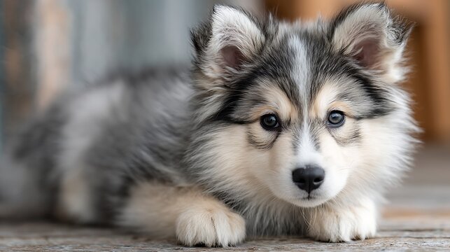 Adorable fluffy grey and white husky mix puppy lying down with gentle eyes and soft fur