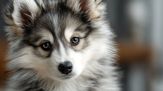 Close up portrait of a fluffy Siberian Husky Pomsky puppy with expressive blue eyes and soft grey