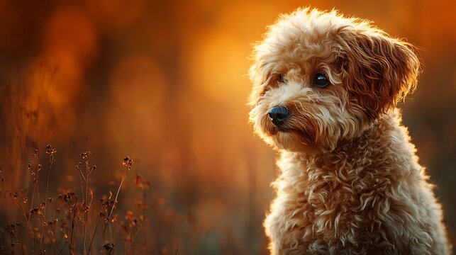 Adorable fluffy poodle dog with curly brown fur in golden hour sunlight. soft bokeh background. ou