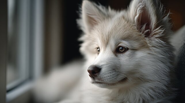 Adorable fluffy white pomsky puppy with intelligent brown eyes looking out a window with soft natu
