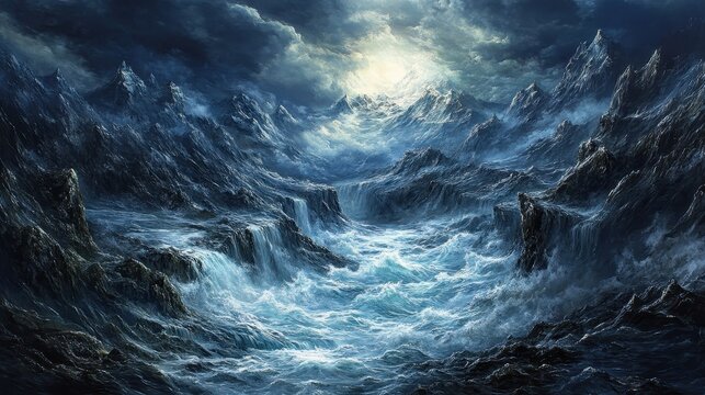 Dramatic Mountain Valley with Rushing River Under Stormy Skies