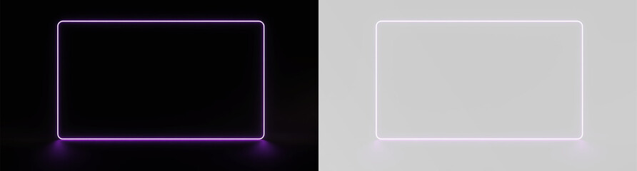 purple neon rectangular frame with glowing light borders on black and white backgrounds for social media template or futuristic advertising banner © theladydarina