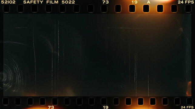 Cinematic film frame with light leaks scratches and dust grain dark analog background vintage reel border texture retro overlay effect