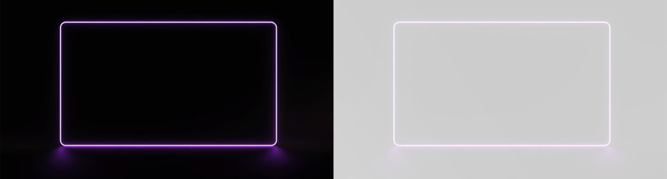 purple neon rectangular frame with glowing light borders on black and white backgrounds for social media template or futuristic advertising banner