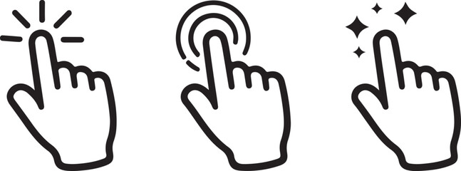 Obraz premium Three hand icons showing different pointing and clicking actions in black and white