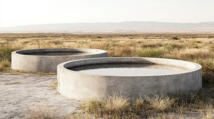 Fototapeta premium Empty concrete water reservoirs in an arid landscape, illustrating severe water scarcity and drought conditions