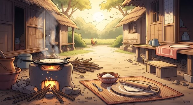 Rural village scene, cooking flatbread on an open fire in front of traditional huts