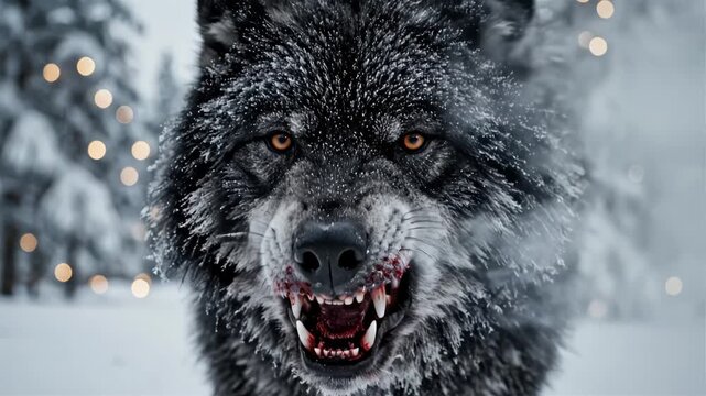 Frosty wolf with bloodied mouth in snowy forest