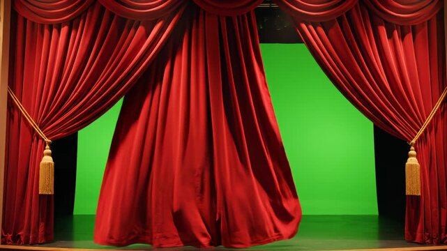 Theater stage with green screen and red curtains