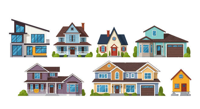 Set of diverse residential house building illustrations in various architectural styles on white background