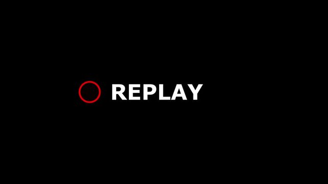 Replay button icon animation on transparent background. Smooth replay icon for live broadcast and action replay. Alpha channel included.